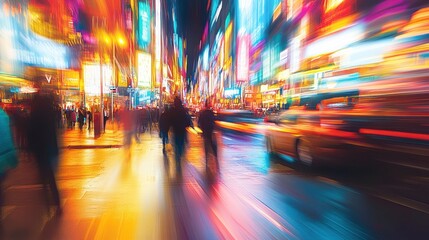 Obraz premium Blurry night city street with moving people and cars, vibrant light streaks.