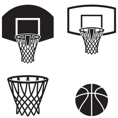 Basketball hoop, basketball and goal,  net, ring icon silhouettes set