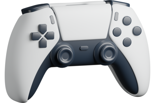 A close up shot of a white and dark gray playstation controller on a black background in high definition