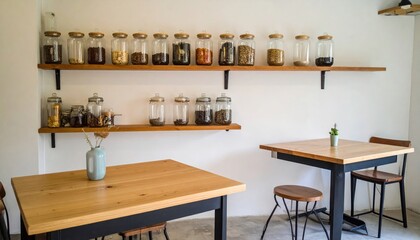 Charming Interior of a Minimalist Cafe with Shelves Full of Ingredient Jars