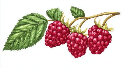 This image captures the sweet abundance of a garden branch laden with ripe raspberries.
