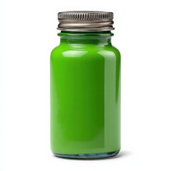 Bright green paint in a small glass jar with a metallic lid.