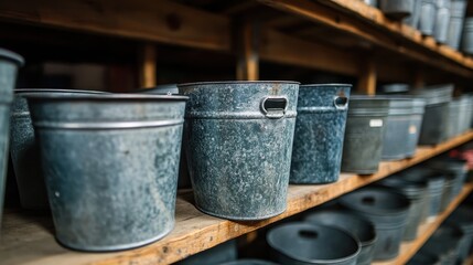 Shelves filled with many rustic galvanized buckets for carrying or storage. Could symbolize organization, farm life, or a vintage aesthetic.
