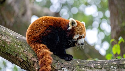 Charming red panda perched on tree branch, a rare and elusive mammal