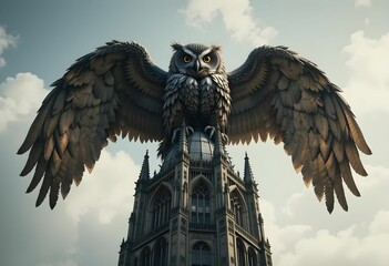 Fototapeta premium A huge owl resting with its wings folded tightly over the roof of a tall gothic skyscraper, feathers covering the entire top, hyper detailed architecture and animal features, cinematic atmosphere.
