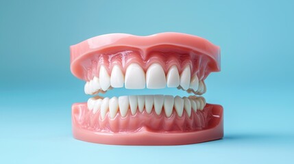 Obraz premium A pair of pink and white teeth on a blue background