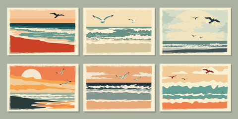Beautiful beach landscapes with waves and seagulls for postcards, backgrounds, posters and design. Retro beach seascapes, vector illustrations set. Vintage beach landscapes set in minimalist style.