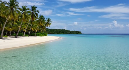 Fototapeta premium Pristine tropical beach with palm trees, white sand, and clear turquoise water on a bright, sunny day