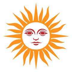 Sun illustration with face and radiant sunbeams in vibrant orange and white colors against a plain background