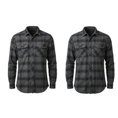 Two grey plaid flannel shirts isolated on transparent background