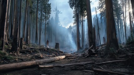 Obraz premium Forest floor ravaged by wildfire, smoky atmosphere.