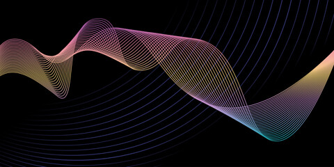 Abstract horizontal background with gradient wave lines. Minimalistic back creating dynamic visual effect. Trendy volumetric 3d stripes design on dark background. Features vector backdrop.