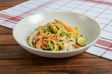 Delightful Bowl of Stir-Fried Noodles With Chicken and Fresh Vegetables Served on a Rustic Wooden Table