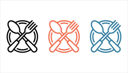 Restaurant Icon Set.  Spoon, Fork, Plate Line Art Vector