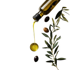 Olive oil pouring from bottle onto olives and leaves isolated on transparent background