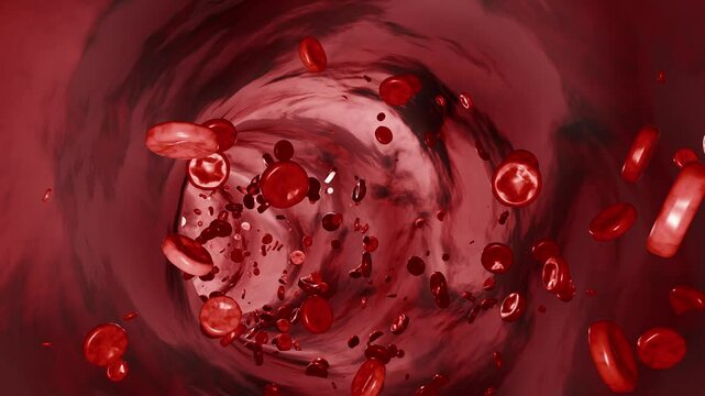 Artery or vein with human blood cells. Blood plasma, sience, hemoglobin, blood flow, healthcare and medicine. 3D animation