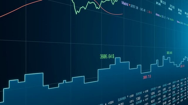 Abstract charts, graphs, lines and stock market data. Business, trading, investment, growth, progress, risk, volatility, chance, price. 3D animation