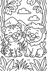 Adorable tiger and lion in cartoon forest coloring page for kids and learning fun