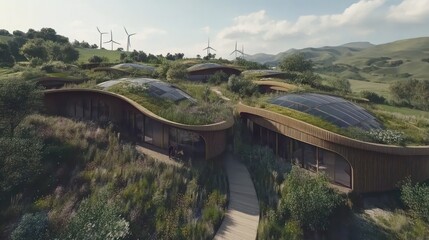 Eco-friendly homes on a hillside with solar panels and wind turbines.