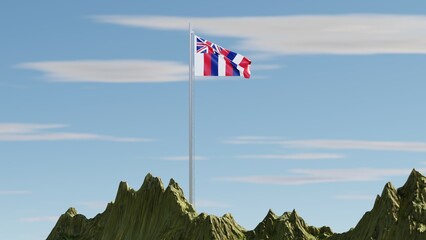3D rendering of the Hawaii state flag, featuring the Union Jack and red, white, and blue stripes, elegantly waving atop a snow-covered mountain peak, symbolizing island heritage and unity.

