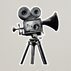 Vintage movie camera with tripod in halftone dots style, classic film equipment design