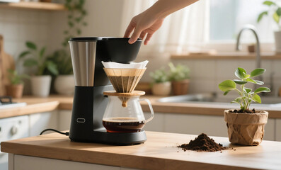 Sustainable Coffee Brewing with Reusable Wooden Filter in Modern Kitchen with Potted Plants and Fresh Grounds