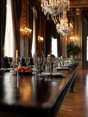 Long wooden table set up for a formal dinner in a luxurious dining room. the table is covered with a black tablecloth and is set with white plates, silverware, and cutlery.