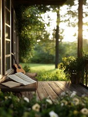 Wooden porch with a guitar and an open book on it. the porch is surrounded by greenery and trees, and the sun is shining through the trees, creating a warm and peaceful atmosphere.