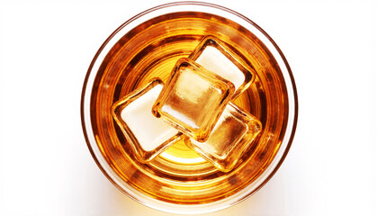 A glass filled with amber-colored whiskey and three crystal clear ice cubes, on a pure white background