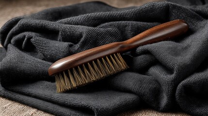 A clothes brush gently removes lint and dust from a black garment, keeping it clean and fresh.
