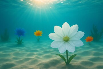 Colorful flowers growing on the seabed in a surreal underwater landscape