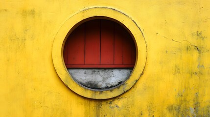 Red Door Oval Window Yellow Wall Exterior