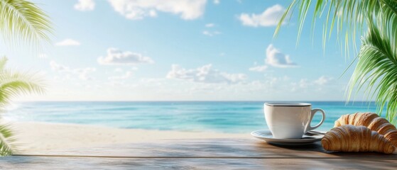 Obraz premium Serene Ocean View with Coffee Cup and Croissant on Wooden Table