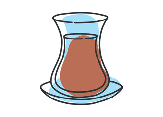 Line art doodle of traditional Turkish tea glass armuda with saucer. Hand drawn black and white sketch of hot drink. Isolated minimal illustration for design and culture projects.