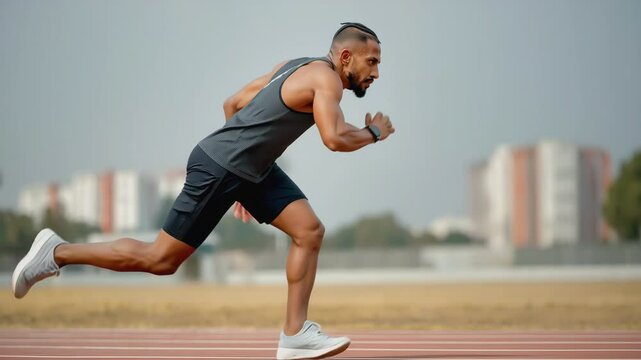 Athlete Sprinting in Slow Motion on Stadium Track. Video capturing a fit male runner in a black tank top, sprinting with powerful slow-motion strides on an outdoor track with a blurred urban backdrop.