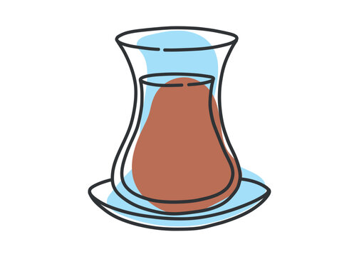 Line art doodle of traditional Turkish tea glass armuda with saucer. Hand drawn black and white sketch of hot drink. Isolated minimal illustration for design and culture projects.