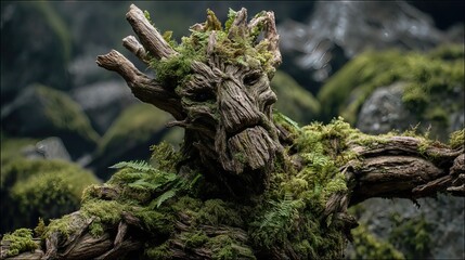 The forest spirit, a majestic tree creature, watches over the whispering woods with timeless strength.
