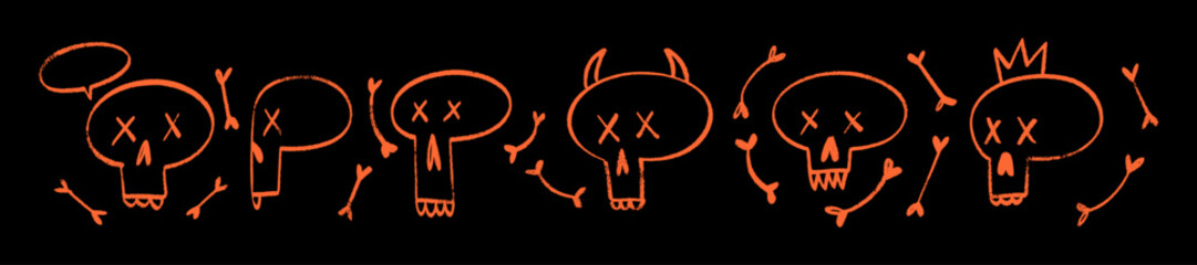 Orange Skull with crossed bones in punk crayon style, Halloween pirate dangerous symbol. Flat vector illustration isolated