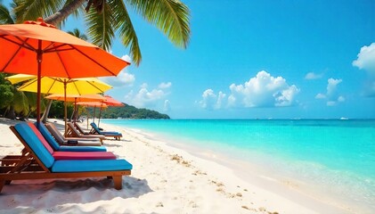 Obraz premium A vibrant beach scene with colorful beach umbrellas, lounge chairs, and bright turquoise water, perfect for summer vacation imagery , foam, joy, tropical