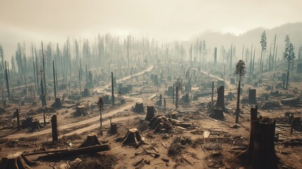 A desolate forest landscape after a devastating wildfire.
