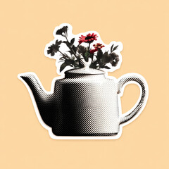 Vintage teapot with floral pattern in halftone dot style on beige background