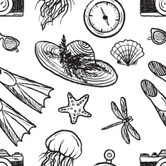 Seamless pattern with summer vacation equipment straw hat, seashell, starfish, flippers jellyfish in black brush stroke texture on white. Hand drawn vector sketch illustration in vintage charcoal ink.