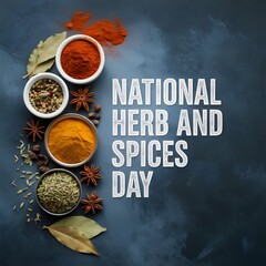 A vibrant overhead shot of various spices and herbs, arranged artistically on a dark slate surface. Colorful Spices and Herbs Celebrates National Herb and Spice Day.