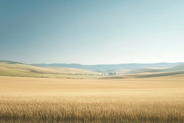 Fototapeta premium Golden wheat field stretches to rolling hills, under a clear, light blue sky. Use this peaceful landscape for travel or nature related content.