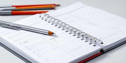 Spiral bound planner with pen. Ready for scheduling.