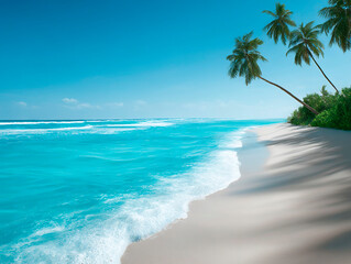 Tropical beach with white sand, turquoise ocean waves, and leaning palm trees casting shadows under a clear blue sky