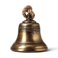 Antique brass bell with rope handle, ornate details.