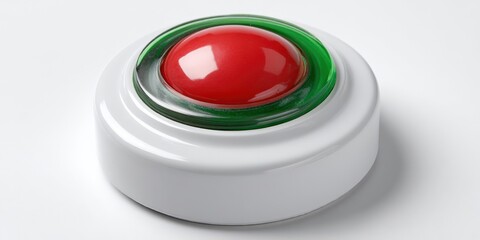 Close-up of a large, round button with a red center and green ring.