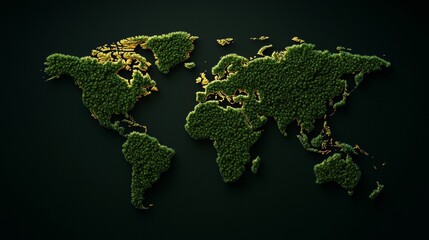 Forest Carbon Concept. World map created with small green trees on a dark background.