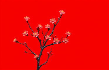 Fototapeta premium Pink Flowering Branch against Red Background